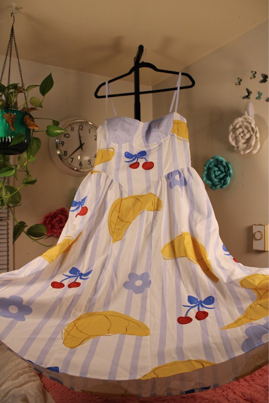 Cherry & Croissant Print Sundress | XL (Fits Like L) | 🍒🥐💙